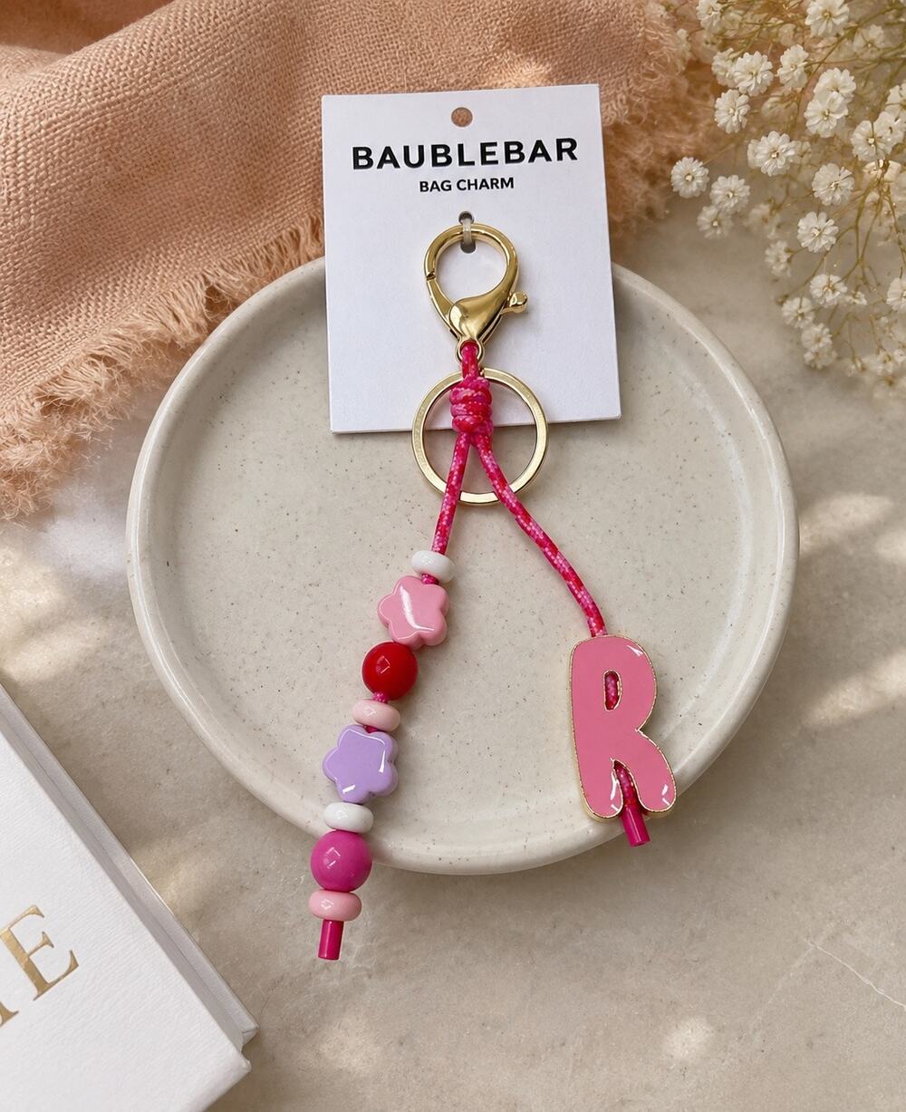 BaubleBar Bag Charm with Letter R and Bead Enhancement Pink/Purple. NWT
